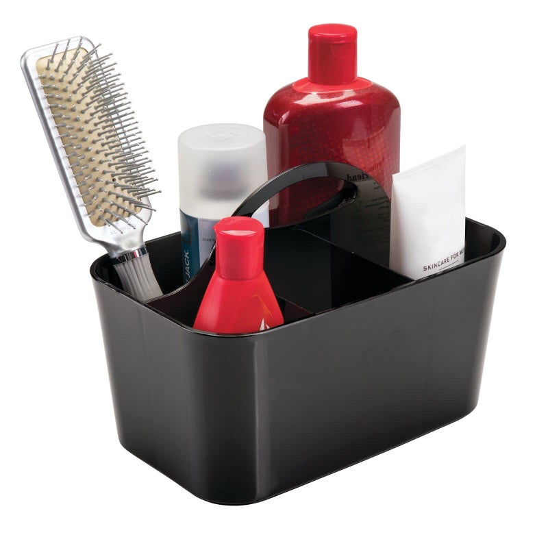 mDesign Small Plastic Shower/Bath Storage Organizer Caddy Tote with Handle for Dorm, Shelf, Cabinet - Hold Soap, Shampoo, Conditioner, Combs, Brushes, Lumiere Collection, Black - Image 1